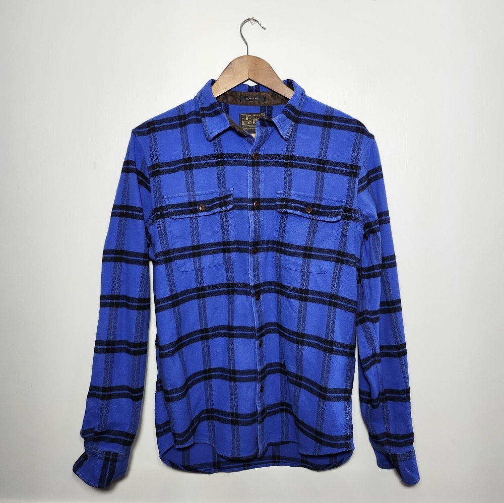 Lucky Brand Mens Buffalo Plaid Blue Fleece Button Down Shirt